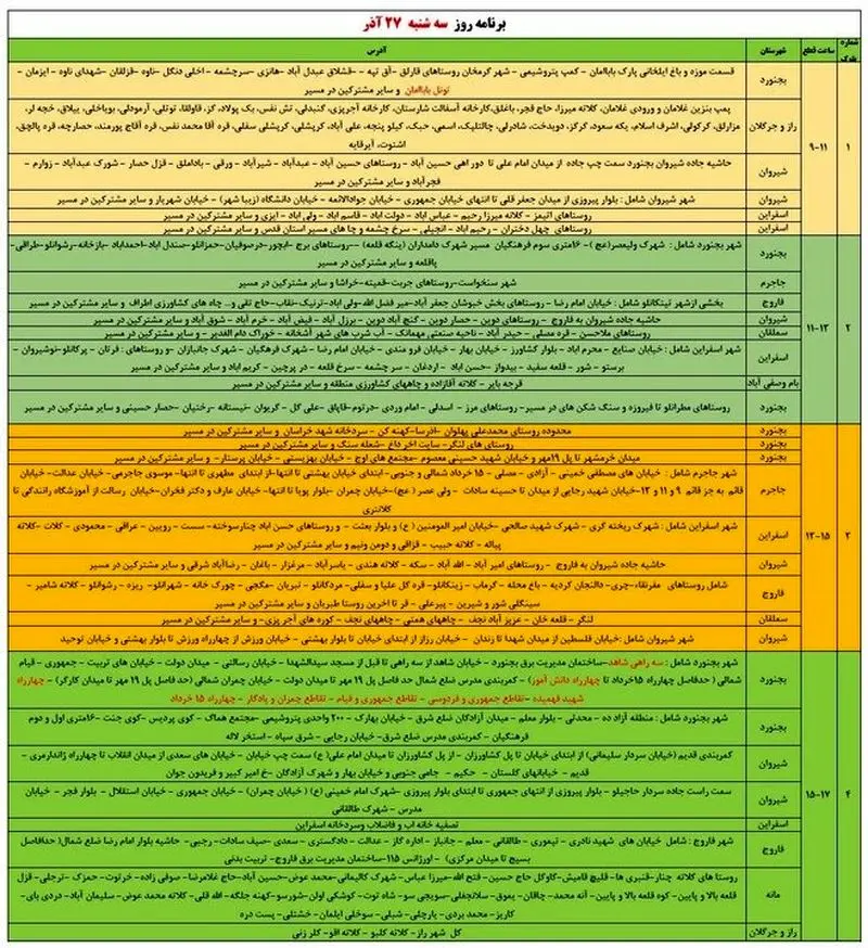 جدول قطع برق استان خراسان شمالی سه شنبه ۲۷ آذر
