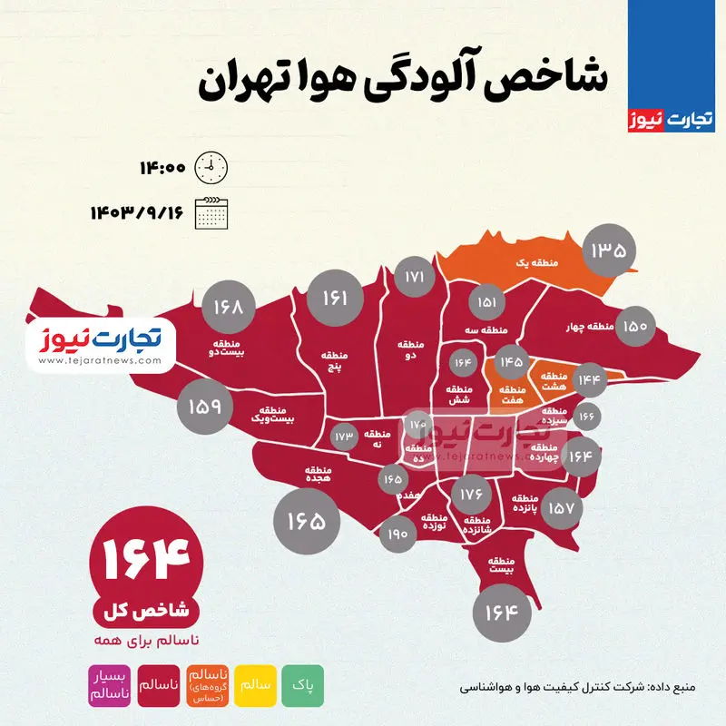 نقشه| شاخص آلودگی هوا تهران امروز ۱۶ آذر