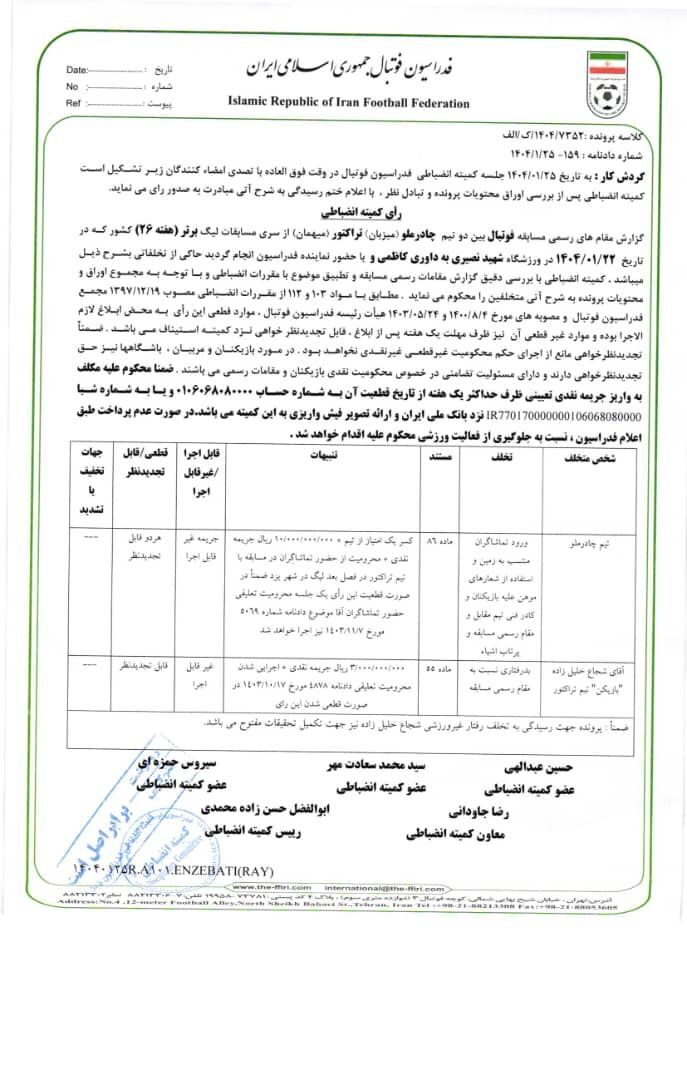 فوری؛ یک امتیاز از چادرملو کسر شد/ صدور حکم محرومیت برای شجاع خلیل زاده